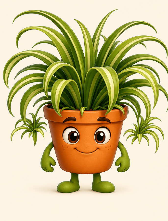Friendly illustrated potted spider plant character called Mango