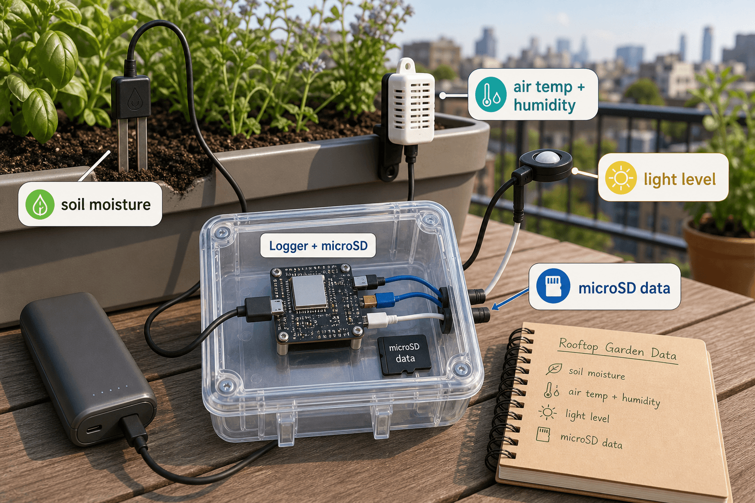 Concept image of a portable PlantTalk sensor kit beside a planter